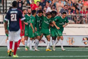 The Cosmos celebrate Walter Restrepo's goal. (Photo: Matt Schlotzhauer/Indy Eleven)