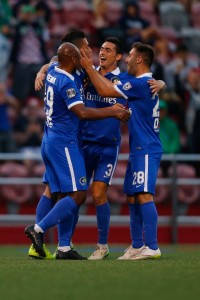 The Cosmos celebrate a goal against Jersey Express (Photo Courtesy New York Cosmos)