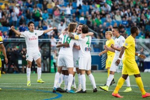Cosmos celebrate a goal versus Tampa Bay