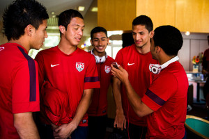 Pineda and Cuevas with teammates at their hotel prior to the 2013 Toulon Tournament. (Photo: Julien Goldstein for the International Herald Tribune)